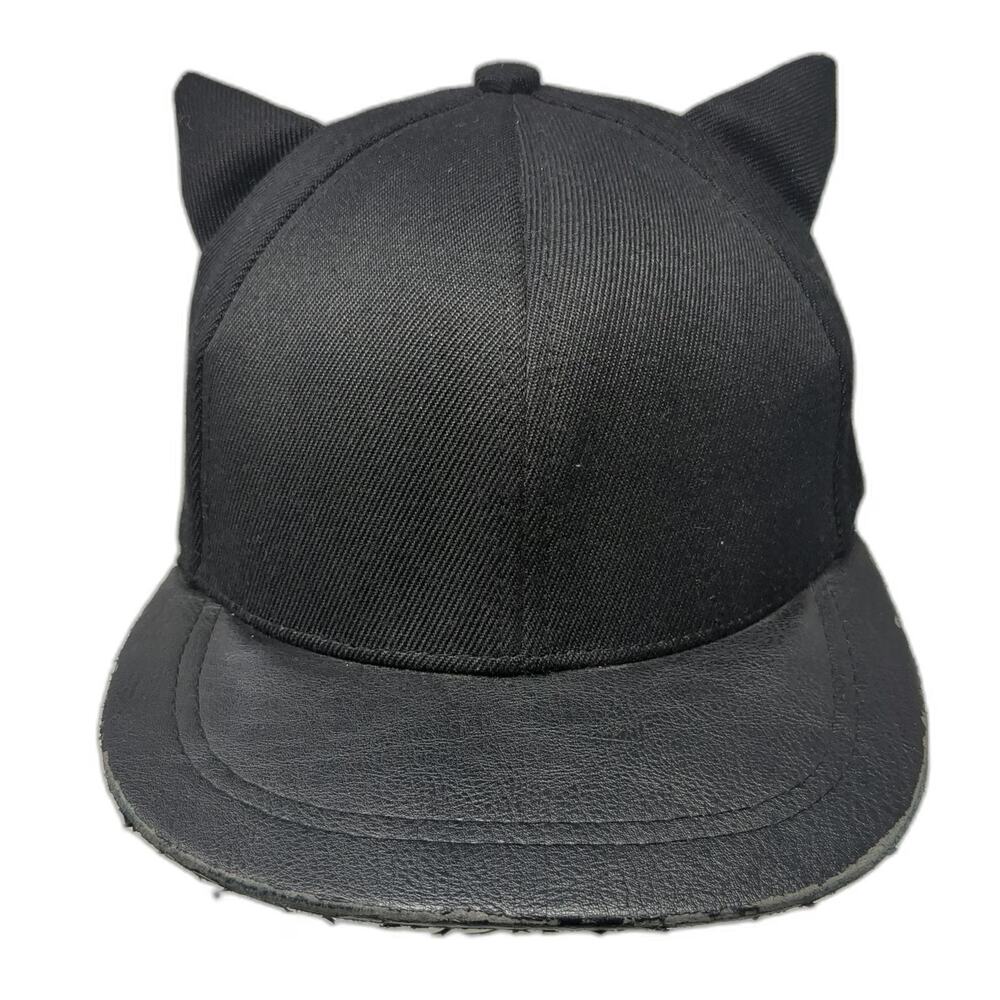 H&M Snapback Hat Black One Size Cat Ears Meow Embroidery Faux Leather Brim